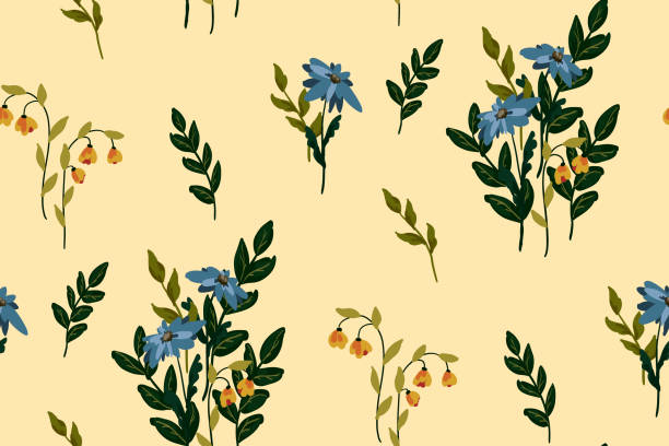Seamless pattern with wildflowers.  Botanical vector illustration. Seamless pattern with wildflowers. Vintage print with small bouquets of various flowers, herbs and leaves on a light background. Botanical vector illustration. cottagecore stock illustrations