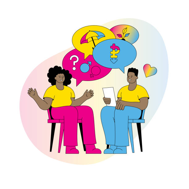 LGBTQ Mentoring Pansexual topic Two people talking in a mentoring group.
Editable vectors on layers. This image includes gradients and transparencies. lgbtqcollection stock illustrations