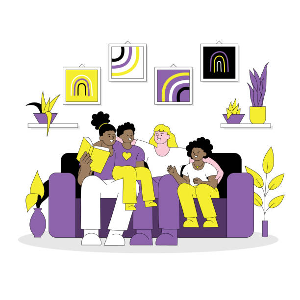 Non binary family LGBTQIA concept Non binary parents and their children enjoying family time.
Editable vectors on layers. black family home stock illustrations