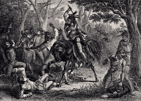 Tecumseh Defends the Whites at Fort Meigs, Ohio, Besieged by British Forces in the War of 1812. Tecumseh (1768 – 1813) was a Shawnee chief and warrior who promoted resistance to the expansion of the United States onto Native American lands. Vintage engraving circa late 19th century.