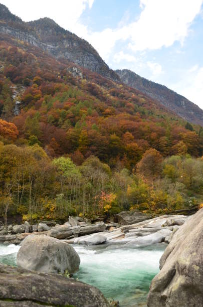 rocas en el río maggia en el valle de los alpes suizos, valle del tesino maggia - riverbed switzerland valley stone fotografías e imágenes de stock