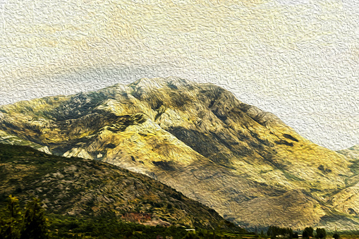 Oil painting of Beautiful mountain landscape on sunny summer day. Montenegro, Bosnia and Herzegovina, Dinaric Alps Balkan Peninsula