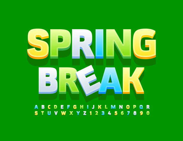 ilustrações de stock, clip art, desenhos animados e ícones de vector modern banner spring break. creative alphabet letters and numbers set - spring break