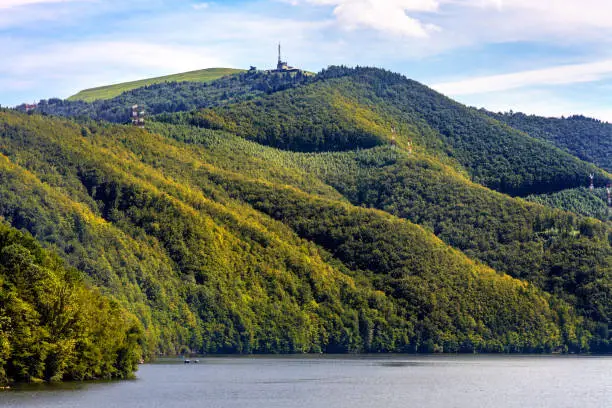 Zywiec, Poland - August 30, 2020: Panoramic view of Miedzybrodzkie Lake and Beskidy Mountains with Gora Zar mountain in Silesia region