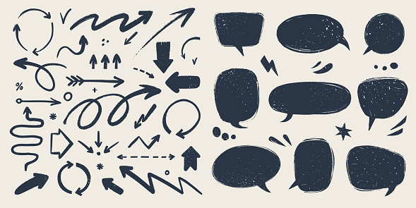 Abstract arrows and Speech bubbles set. Various doodle arrows and talk balloons with grunge texture. Hand-drawn abstract vintage infographic Vector collection