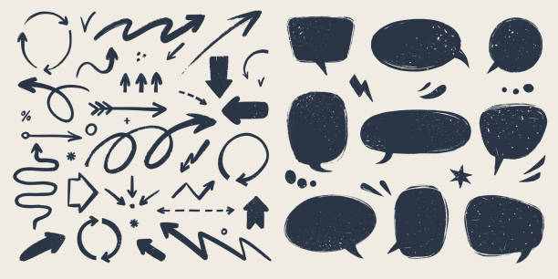 Abstract arrows and Speech bubbles set. Various doodle arrows and talk balloons with grunge texture. Hand-drawn abstract vintage infographic Vector collection Abstract arrows and Speech bubbles set. Various doodle arrows and talk balloons with grunge texture. Hand-drawn abstract vintage infographic Vector collection presentation speech borders stock illustrations