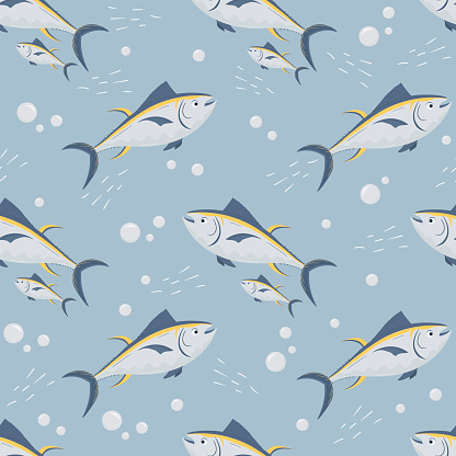 Cute tuna fish seamless pattern with bubbles and waves for child background or wrapping paper and seafood packaging.