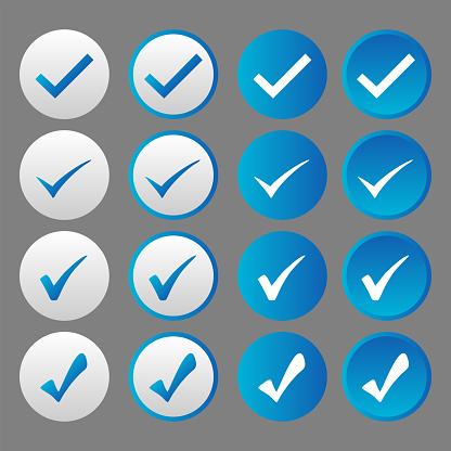 Set of white and blue checkmarks in a round button . The isolated blue buttons are ideal for mobile applications.
