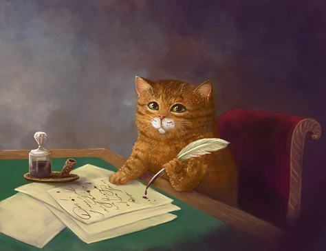 beautiful cute ginger tabby cat sitting at the table and writing a letter with a pen. painting in the style of the 19th century