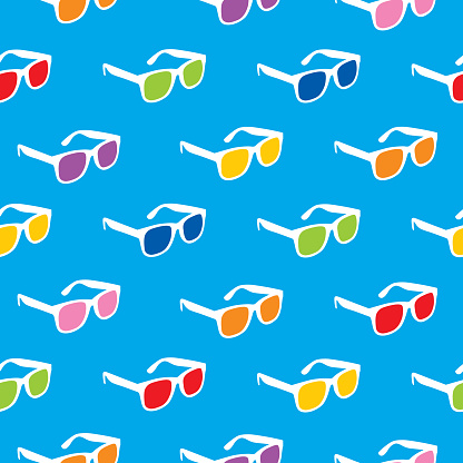 Vector seamless pattern of white sunglasses with colorful lens on a square blue background.