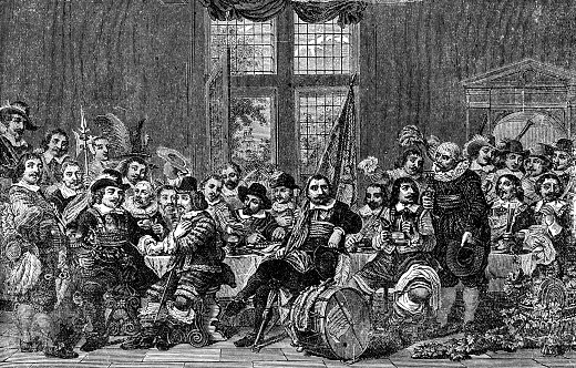 Banquet of the Amsterdam Civic Guard in Celebration of the Peace of Münster by Bartholomeus van der Helst (circa 17th century). Vintage etching circa 19th century.