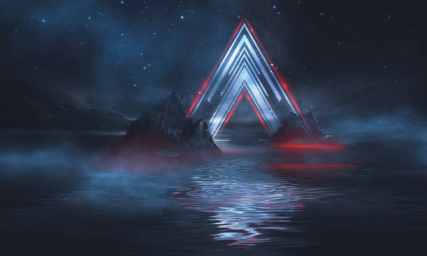 istock Futuristic fantasy night landscape with abstract landscape and island, light triangle, glow, neon. Dark natural scene with light reflection in water. Neon space galaxy portal. 3D render. 1322560598