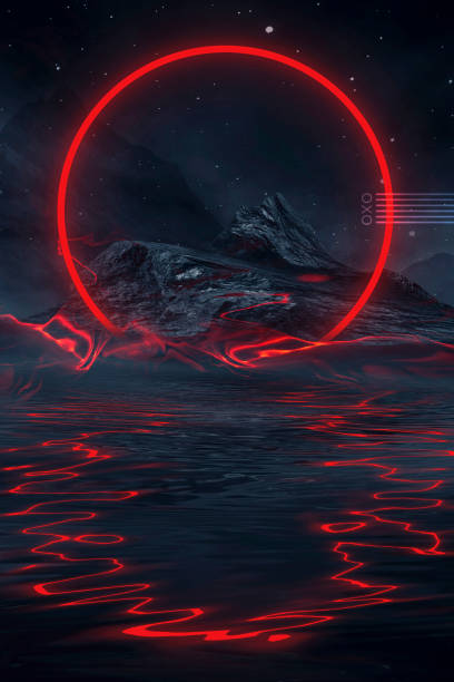 istock Futuristic fantasy night landscape with abstract landscape and island, light triangle, glow, neon. Dark natural scene with light reflection in water. Neon space galaxy portal. 3D render. 1322560603
