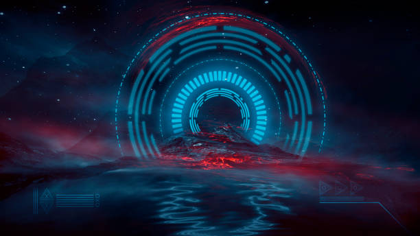 istock Futuristic fantasy night landscape with abstract landscape and island, light triangle, glow, neon. Dark natural scene with light reflection in water. Neon space galaxy portal. 3D render. 1322560609