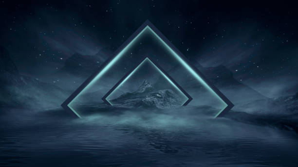 istock Futuristic fantasy night landscape with abstract landscape and island, light triangle, glow, neon. Dark natural scene with light reflection in water. Neon space galaxy portal. 3D render. 1322560636