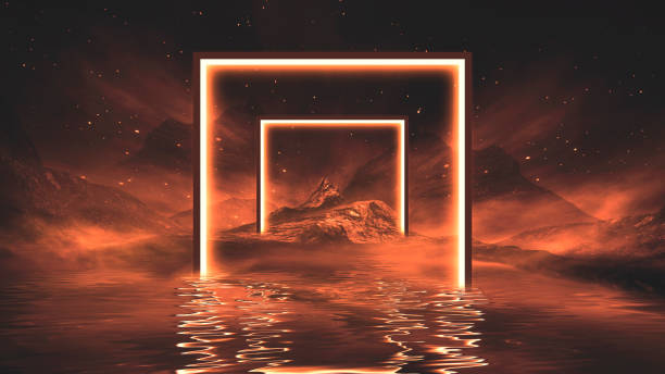 istock Futuristic fantasy night landscape with abstract landscape and island, light triangle, glow, neon. Dark natural scene with light reflection in water. Neon space galaxy portal. 3D render. 1322560643