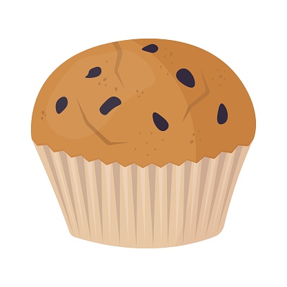 Vector illustration of traditional muffin with chocolate crumbs. Chocolate cupcake isolated on white background