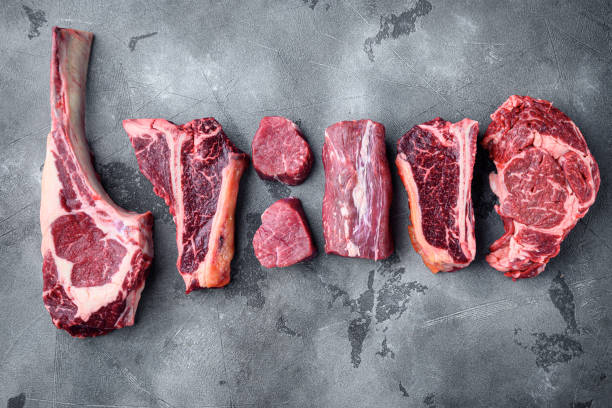 various cuts of marbled beef meat and dry aged steaks, tomahawk, t bone, club steak, rib eye and tenderloin cuts, on gray stone background, top view flat lay, with copy space for text - veal t bone steak raw steak imagens e fotografias de stock