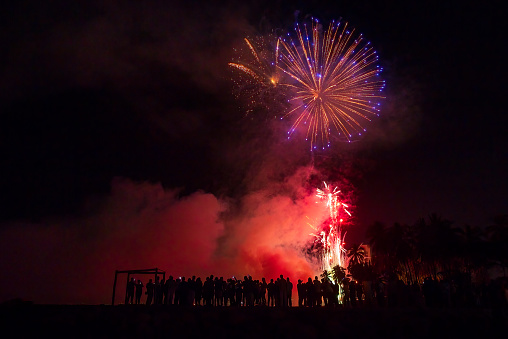 A Crowd Of People Are Watching A Colorful Fireworks Celebration Display