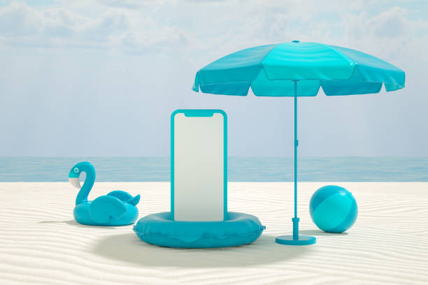 istock Empty Screen Smart Phone on Beach, Minimal Summer Holiday Travel Concept 1322563369