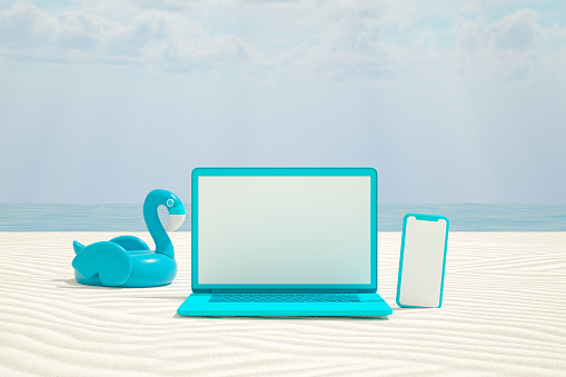 3d rendering of Empty Screen Laptop and Smart Phone on Beach, Minimal Summer Holiday Travel Concept