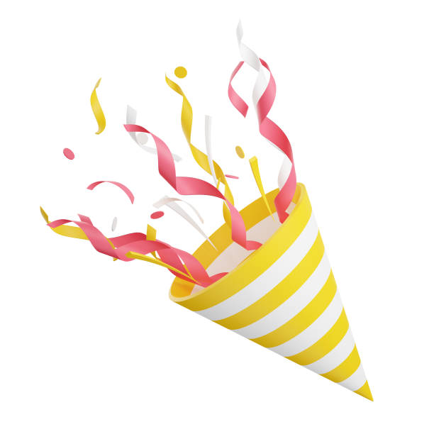 Party popper with flying confetti 3d render illustration. Firecracker explodes with serpentine for surprise or winner concept isolated on white background. Birthday and anniversary cone popper.