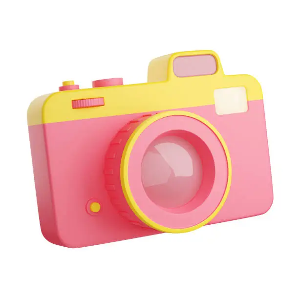 Photo camera 3d render illustration. Pink and yellow compact digital photocamera with lens and flash isolated on white background. Photography or movie capture equipment.