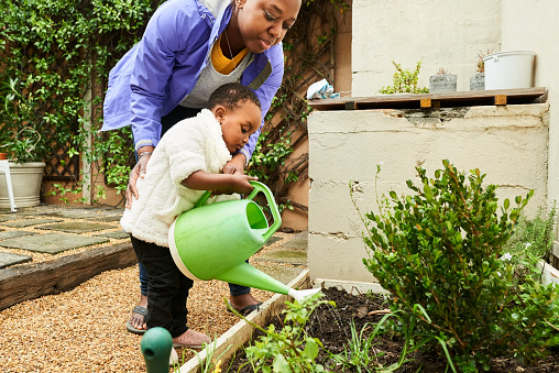 Cute girl helping her mother water their backyard garden with a watering can