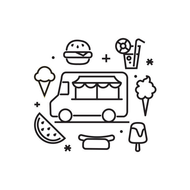 Black Summer food truck festival elements thin line Icon set - editable stroke Vector illustration of black and white line art summer food truck icons. Includes lemonade, ice cream, popsicle, watermelon slice, and hamburger and hotdog. Fully editable stroke outline for easy editing. Simple set that includes vector eps and high resolution jpg in download. popsicle stick stock illustrations