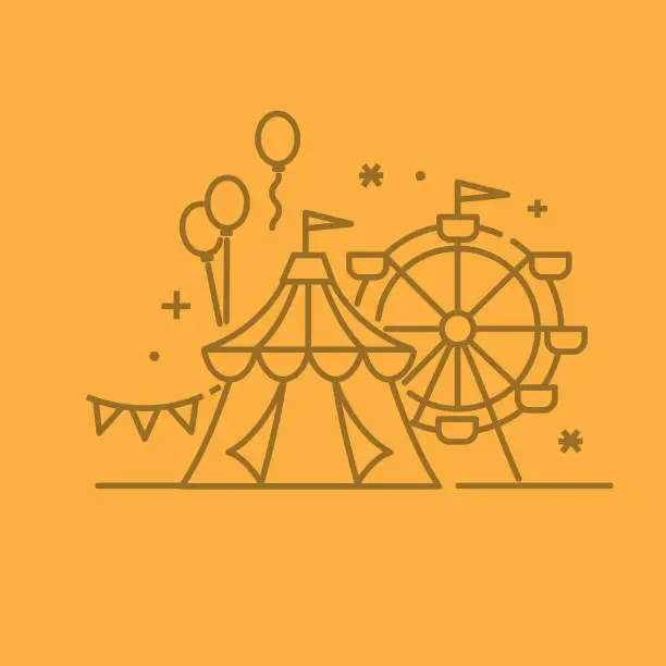 Vector illustration of Colorful Summer Carnival party with Ferris wheel, carnival tent and balloon elements thin line Icon set - editable stroke