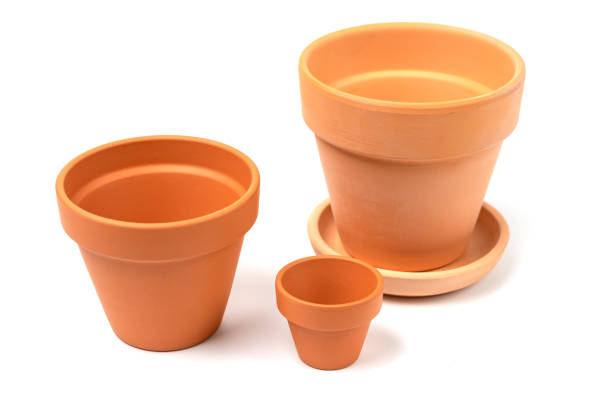 istock Empty ceramic pots in various sizes. Isolated on white background. Gardening concept, indoor garden 1322568315