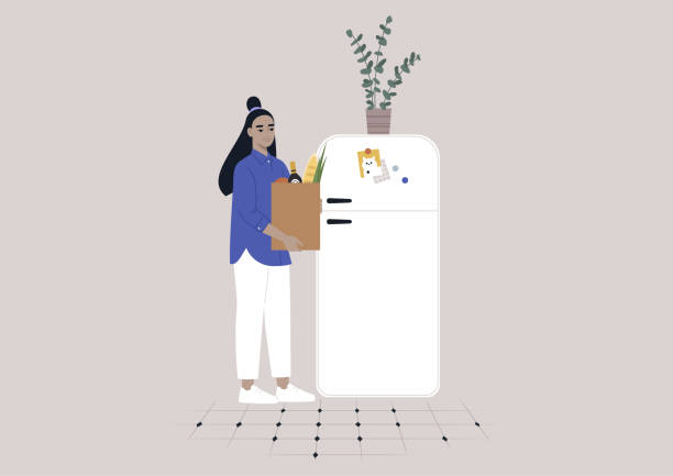 eine junge asiatische figur, die lebensmittel in den kühlschrank stellt, tägliche hausaufgaben - refrigerator domestic kitchen magnet door stock-grafiken, -clipart, -cartoons und -symbole