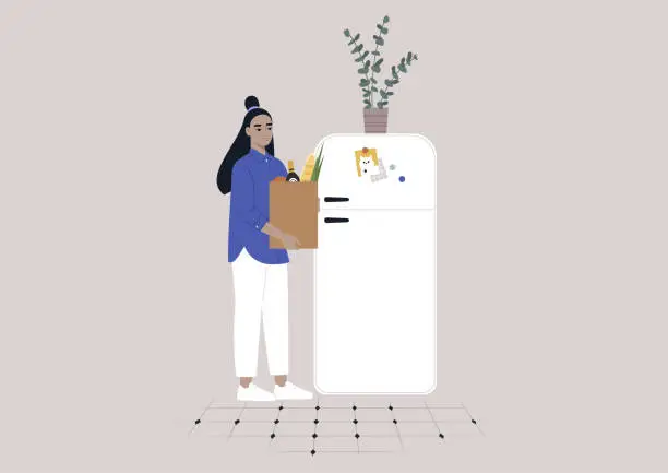 Vector illustration of A young female Asian character putting groceries into the fridge, daily household chores