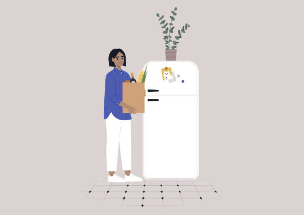 eine junge weibliche figur, die lebensmittel in den kühlschrank stellt, tägliche hausaufgaben - refrigerator domestic kitchen magnet door stock-grafiken, -clipart, -cartoons und -symbole