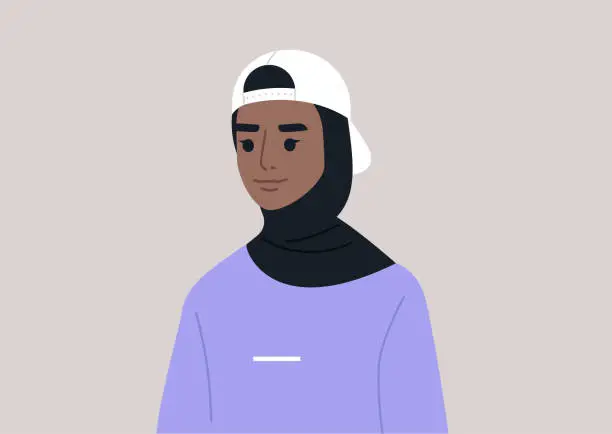 Vector illustration of A portrait of a young female Muslim character wearing a hijab with a cap, modern lifestyle