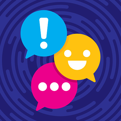 Vector illustration of three multi-colored text message speech bubbles against a blue background in flat style.