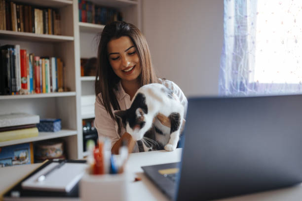 istock Young woman being interrupted by her cat while having online class at home 1322574941