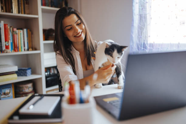 istock Young woman being interrupted by her cat while having video call at home 1322574984
