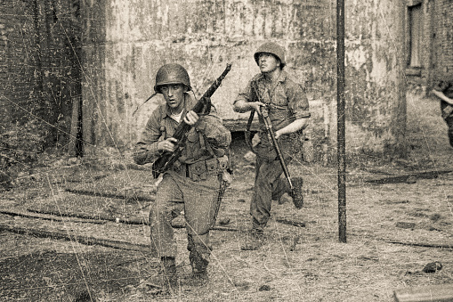 Historical reenactment of I world war machine gun position covered with sandbags