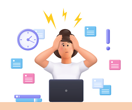 Stressed young woman Jane failed to meet deadline. Deadline pressure, stressful job.3d vector people character illustration.