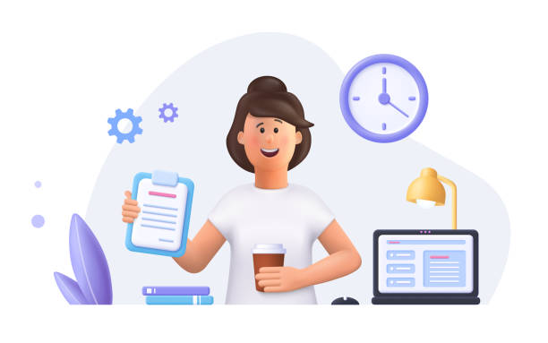 Young woman Jane - freelance worker working with laptop at home. Daily work routine. 3d vector people character illustration. Young woman Jane - freelance worker working with laptop at home. Daily work routine. 3d vector people character illustration. time management student stock illustrations