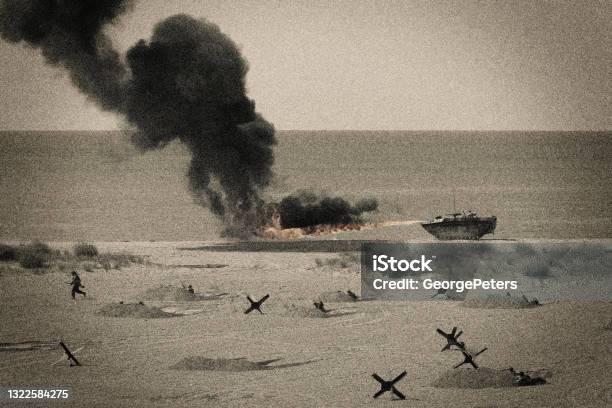 Ww2 D Day Battle On Omaha Beach Stock Photo - Download Image Now - World War II, D Day, Military Invasion