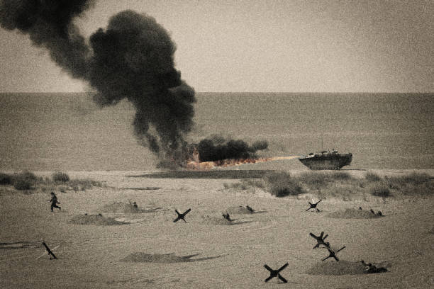 omaha plajı'nda ww2 d günü savaşı - normandiya stok fotoğraflar ve resimler
