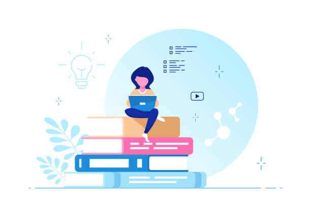 Woman with laptop sitting on book stack Young caucasian woman with laptop sitting on big book stack. Online education concept, remote studying concept. Flat style vector illustration. subject technology stock illustrations