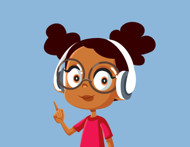 illustrazioni stock, clip art, cartoni animati e icone di tendenza di ragazza africana carina che indossa cuffie ascoltando musica - music listening child smiling