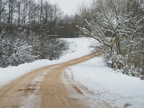 sand-covered snow-covered road in the forest in winter among the trees.