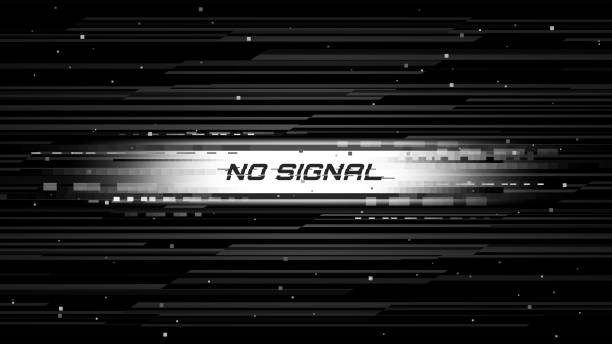 No signal screen glitch, broadcast fail backdrop Screen glitch with no signal message, television broadcast fail. Monochrome pixels noise and lines on monitor vector background. TV signal loss, connection error or video data transfer problem no signal stock illustrations