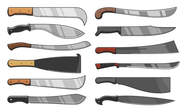 ikony noży, tasaki na ostrza, topory i maczeta - weapon dagger hunting hunter stock illustrations