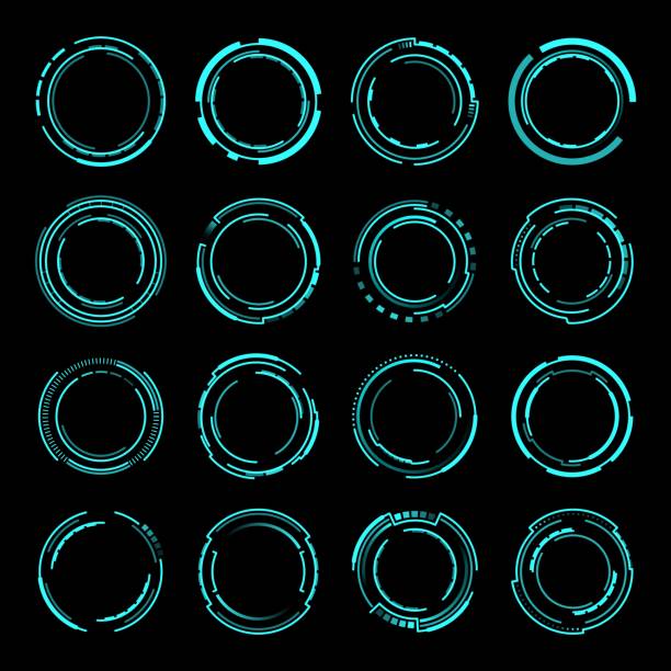 HUD round frames or borders vector sci fi elements HUD round frames or borders, vector sci fi circular neon elements for UI interface. Futuristic glowing circles, buttons for computer game or app menu panel, modern design in techno HUD style competition round stock illustrations