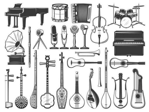 illustrazioni stock, clip art, cartoni animati e icone di tendenza di icone degli strumenti musicali, batteria, violino e chitarra - glass tube